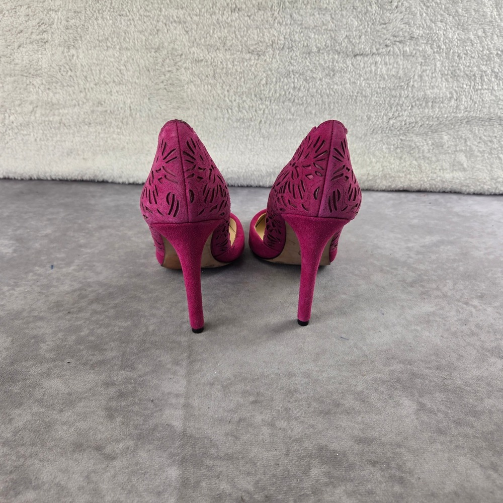 Jessica Simpson Magenta Pink Suede Laser Cut Scalloped Pointed Toe Heels 7M - Picture 9 of 9
